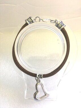 Handmade Genuine Brown Leather Bracelet w/ Silver Heart Chatm